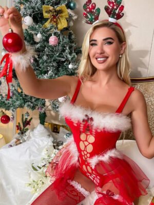 Christmas-themed transparent lingerie photos, high-elasticity nylon fishnet bodysuit dress, sexy fur collar girls' lingerie